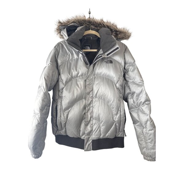 The North Face Sammie Women's Silver Down Puffer Jacket XL Faux Fur Trim Hood - Picture 1 of 12